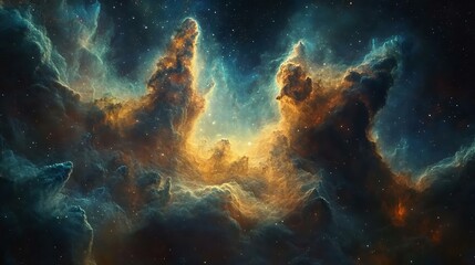 Obraz premium A mesmerizing cosmic scene featuring vibrant nebula clouds illuminated by stellar light, evoking wonder and the beauty of the universe.