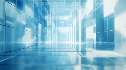 Obraz premium A tranquil modern corridor showcasing reflective surfaces and blue tones, creating a serene and futuristic atmosphere.