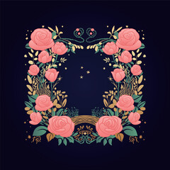 Fairy vector frame with wild roses with thorns and constellations. Cover for children's book. Magic and enchantment. Enchanted and magical garden. Spells and curses. Fables and fairy tales.	