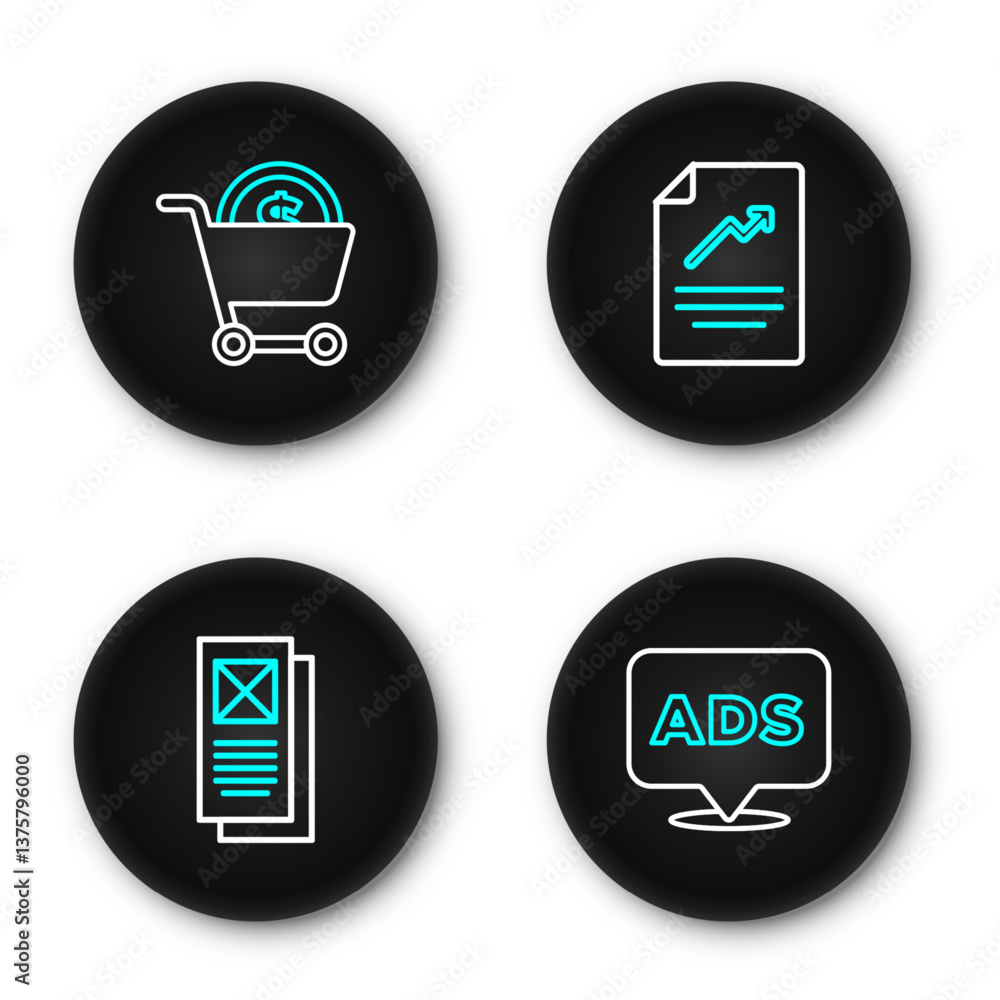 Poster set line advertising, browser window, document with graph chart and shopping cart and dollar icon. v
