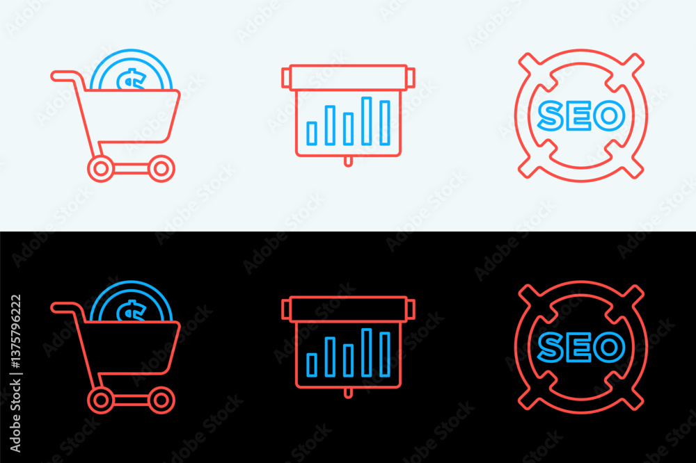 Poster set line seo optimization, shopping cart and dollar and board with graph chart icon. vector