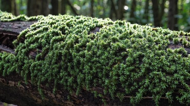 Green moss growing on a fallen tree trunk