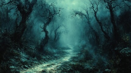 Obraz premium Misty forest path, dark trees, mysterious woods, tranquil scene