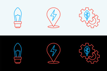 Set line Leaf plant in gear machine, Light bulb and Lightning bolt icon. Vector