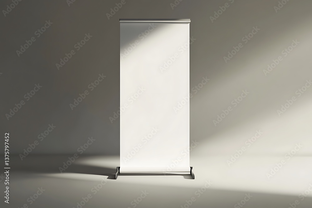 Poster isolated white rollup banner stand display with metallic on gray background
