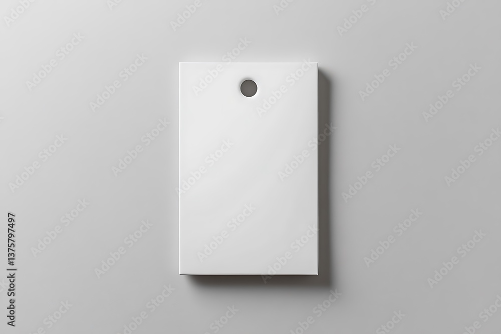 Poster isolated white tag, rectangle shape with round hole, minimalist design on gray background