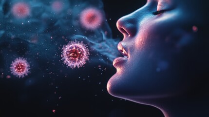 An artistic depiction of a woman's face exhaling while surrounded by microscopic virus particles, highlighting the intersection of human life and health within a vibrant, digital setting.