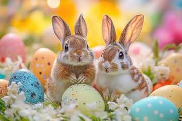Two Adorable Easter Bunnies Surrounded by Colorful Eggs in a Festive Spring Setting