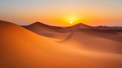 Desert dunes sunset serene landscape with vibrant horizon and soft fog concept. Stunning desert landscape at sunset with golden sand dunes.