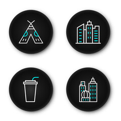 Set line City landscape, Paper glass with straw, and Indian teepee or wigwam icon. Vector
