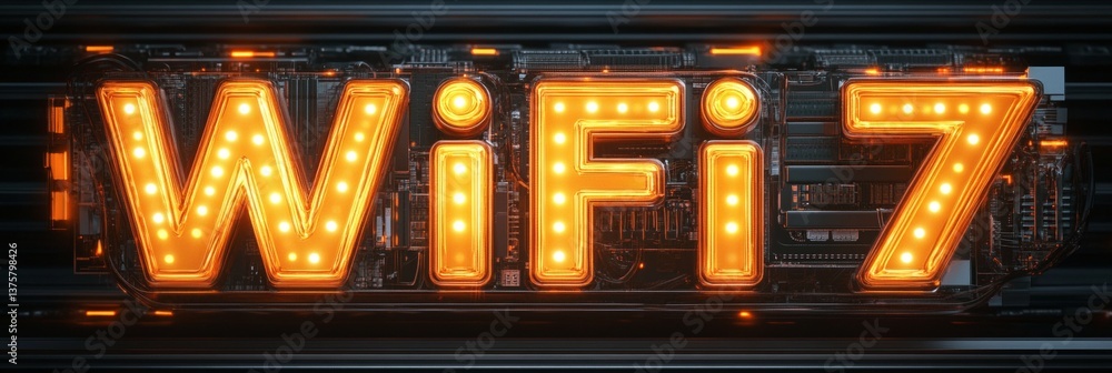 Poster high-tech wifi 7 illuminating the future of wireless connectivity on a dynamic server background