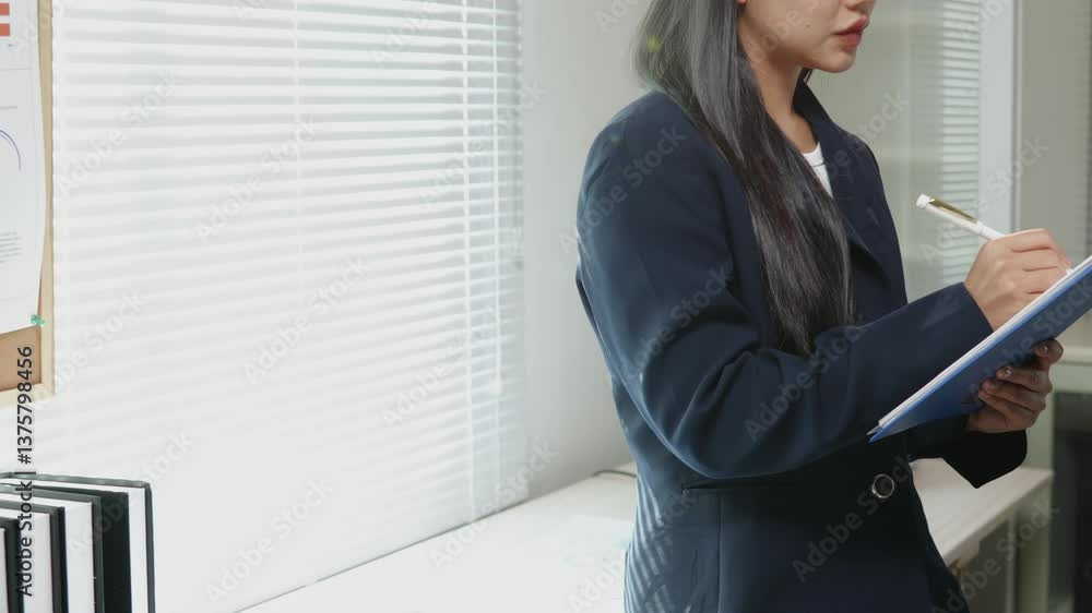 Poster thoughtful businesswoman is working on computer and calculator for cost with happy face in office sp