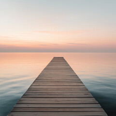 A peaceful wooden pier extending into a vast ocean