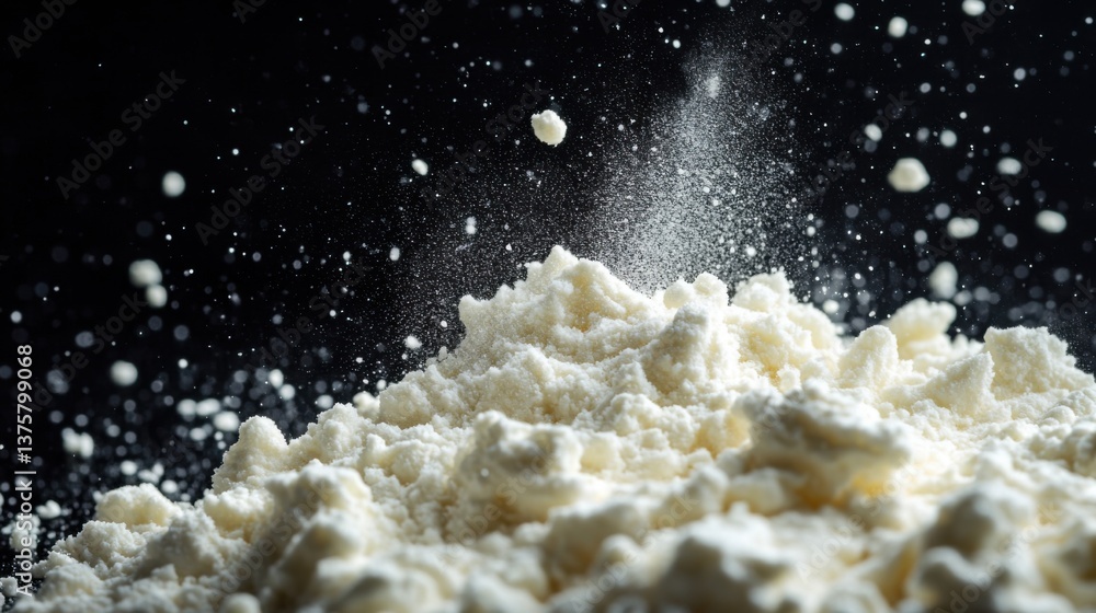 Poster a close-up image of a mound of flour, with particles suspended in the air, creating a dynamic and vi