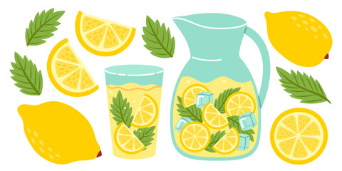 Lemonade set. Fresh juicy lemon drinks in glass, jug and fruits. Tropic summer mint cocktails set. Hand drawn vector illustration isolated on white background