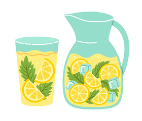 2025.03.03_lemonaLemonade. Fresh juicy lemon drink in glass and jug, yellow juice, ice cube, mint leaf. Tropic summer cocktail. Hand drawn vector illustration isolated on white backgroundde07