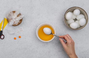 How to make a chick from eggs for Easter decor. Handmade decoration Easter egg chick. Step by step instructions. Children DIY concept. Step 2