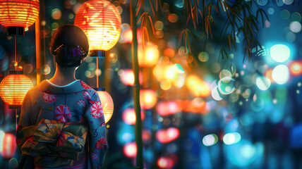 Fototapeta premium Japanese street decorated with bamboo branches with colourful tanzaki