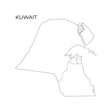 A minimalist black and white vector map outline of Kuwait, displaying its governorates and territorial divisions