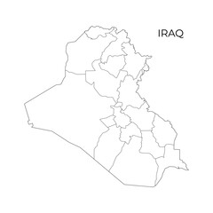 Simple black and white outline map of Iraq, displaying its regional divisions. Ideal for geography education, cartography, and study materials