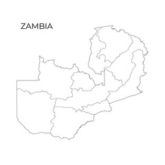 A black and white vector map outline of Zambia, illustrating its provincial divisions and national borders