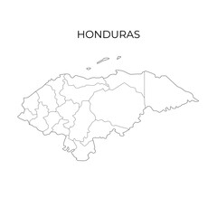 A black and white vector map outline of Honduras, displaying its internal department divisions and national borders