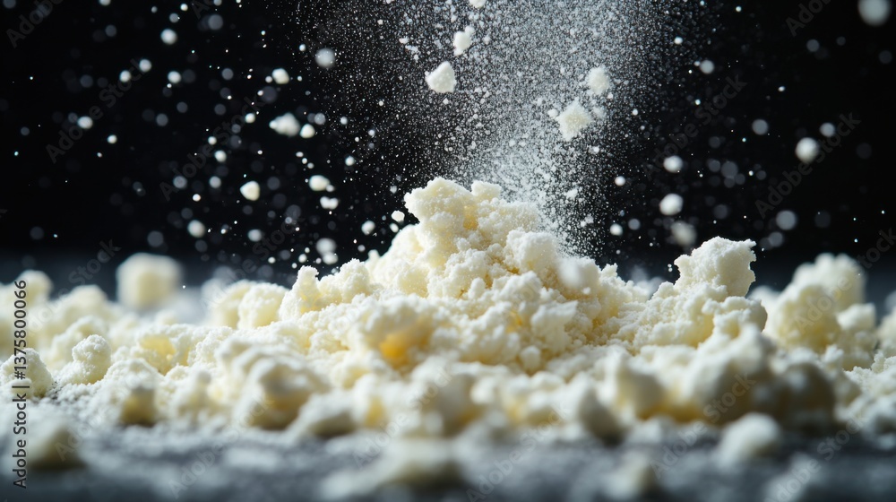 Aufkleber a close-up of white powder being sprinkled, creating a cloud effect against a dark background, empha