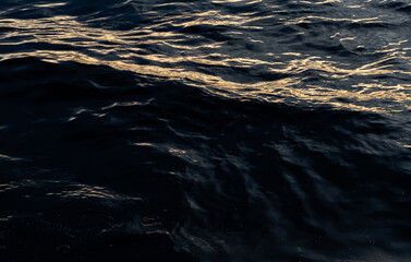 Fototapeta premium Close up of dark ocean waves illuminated by the sunset. Waves of the tide