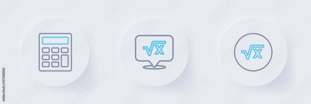 Poster set line square root of x glyph, and calculator icon. vector