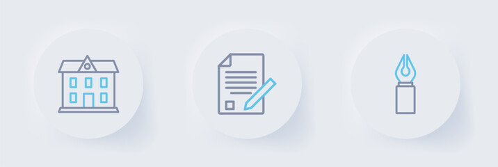 Set line Fountain pen nib, Exam sheet and pencil and School building icon. Vector