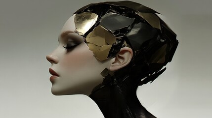 Profile Portrait of Woman with Futuristic Gold and Black Headpiece