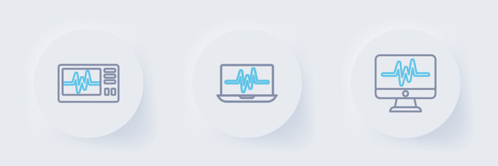 Fototapeta premium Set line Monitor with cardiogram, Laptop and icon. Vector