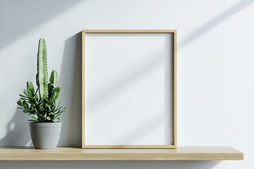 Minimalist Mockup with Cactus Plant, Light Wood Shelf against White Wall Interior