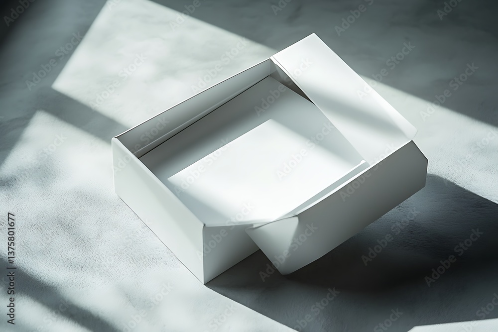 Poster minimalist open white box on textured surface with sunlight shadows, clean and simple style