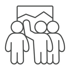 Painting and people crowd thin line icon, exhibition concept. Vector graphics. Picture canvas with visitors, audience sign on white background, outline style icon for mobile or web design.