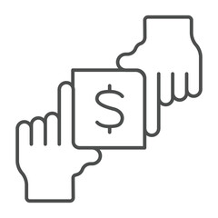 Hands with dollar frame thin line icon, exhibition concept. Vector graphics. Selling tickets, monetization sign on white background, outline style icon for mobile or web design.