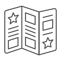 Invitation booklet thin line icon, exhibition concept. Vector graphics. Paper flyer with stars, event promotion sign on white background, outline style icon for mobile or web design.