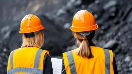 Female engineers inspecting mining site in safety gear
