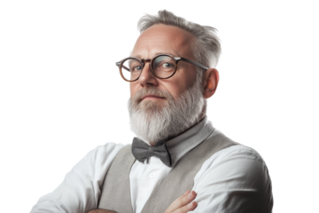 distinguished mature man with well-groomed beard and spectacles isolated on transparent white background