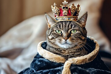 Majestic Feline Monarch: A regal tabby cat, crowned and cloaked in royal attire, gazes with regal poise, embodying the essence of feline royalty.