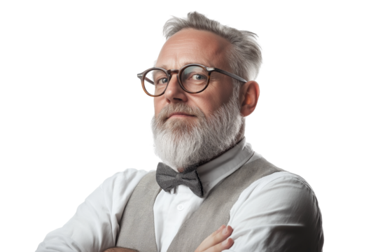 distinguished mature man with well-groomed beard and spectacles isolated on transparent white background