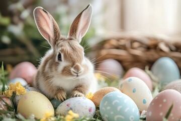 Charming Easter Still Life: Close-Up of Adorable Bunny Rabbit Surrounded by Pastel-Colored Decorative Eggs and Spring Flowers