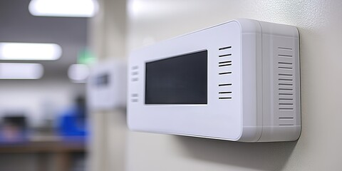 Obraz premium Modern digital control panel mounted on a wall in a sleek, well-lit office environment