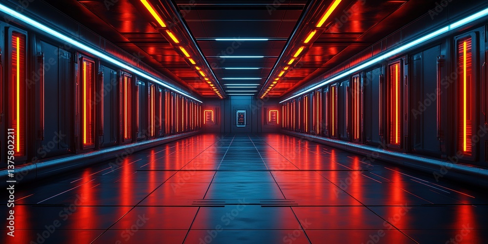 Poster futuristic corridor with red and blue lights in a high-tech environment showcasing advanced technolo