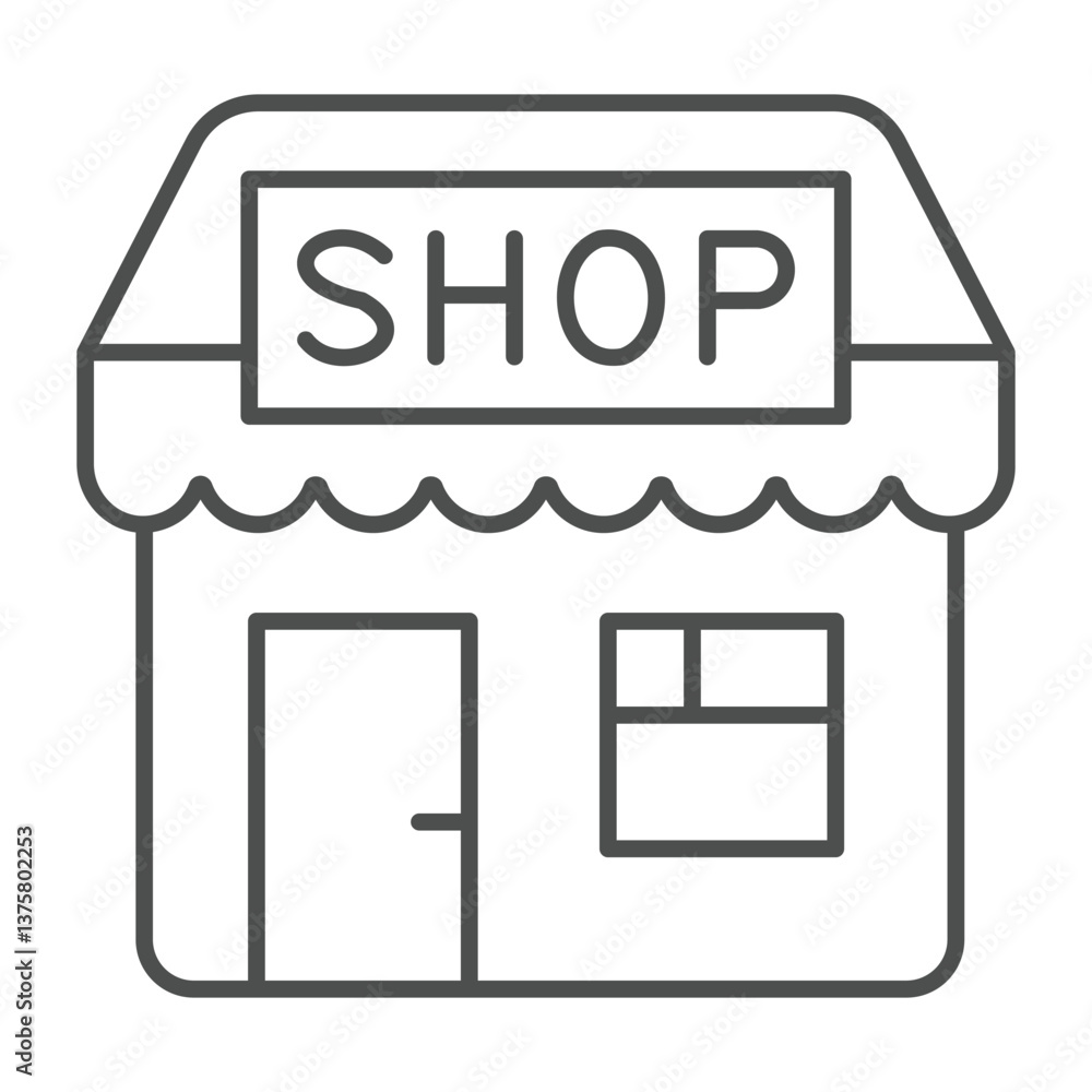 Poster shop with signboard thin line icon, black friday concept. vector graphics. store building with banne
