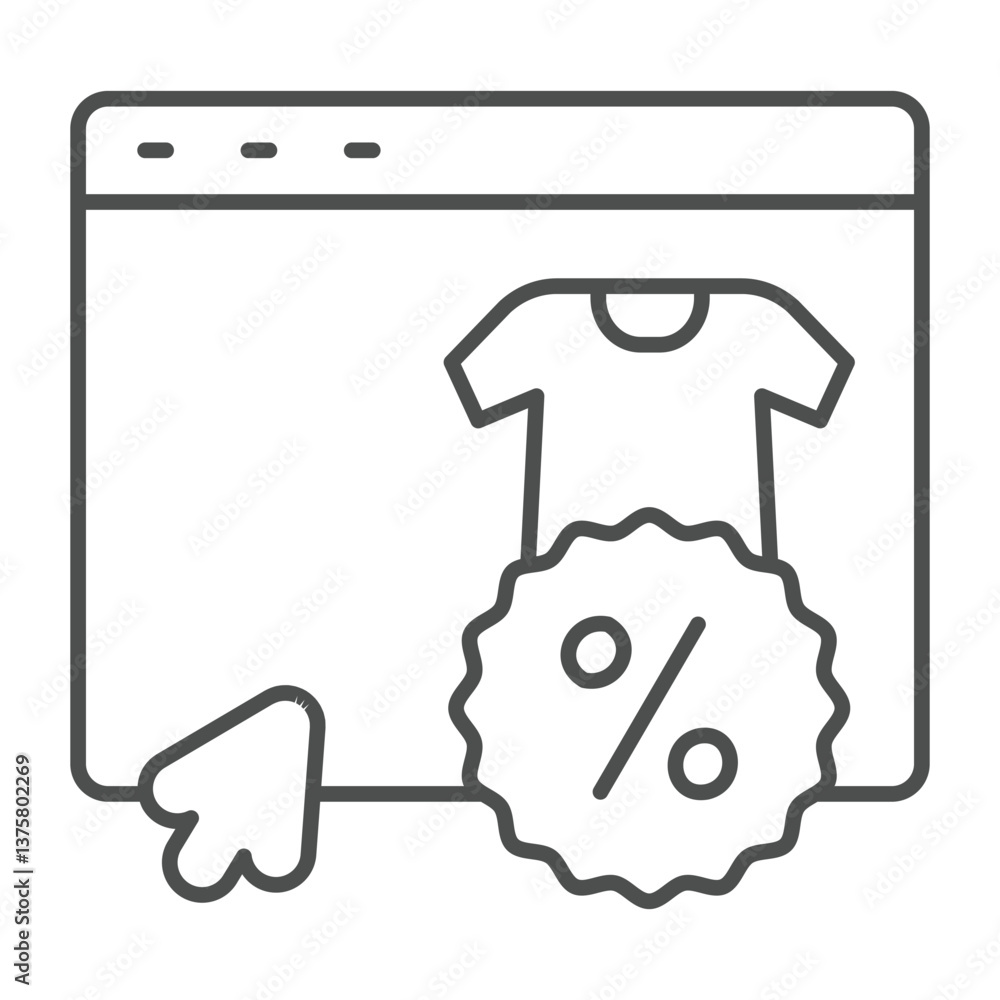 Poster website with shirt and discount thin line icon, black friday concept. vector graphics. product landi