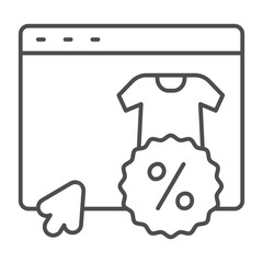 Website with shirt and discount thin line icon, black friday concept. Vector graphics. Product landing page and mouse cursor sign on white background, outline style icon for mobile or web design.