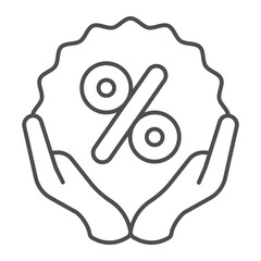 Hands and discount sticker thin line icon, black friday concept. Vector graphics. Sticker with percentage and hands sign on white background, outline style icon for mobile or web design.