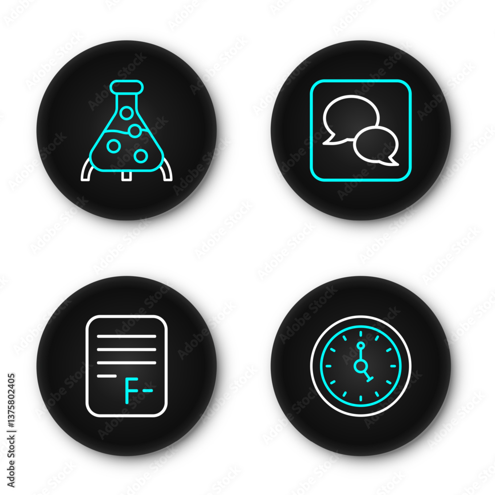 Poster set line clock, exam paper with incorrect answers, speech bubble chat and test tube and flask icon. 
