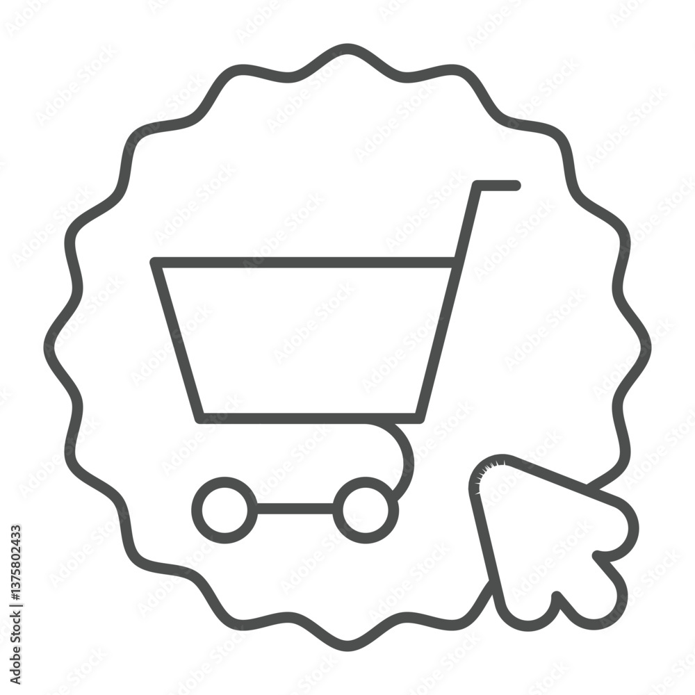 Poster shopping cart with cursor thin line icon, black friday concept. vector graphics. sticker with trolle
